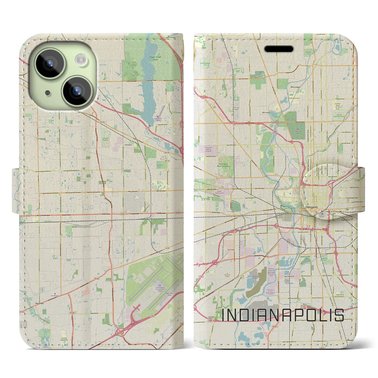 【インディアナポリス(アメリカ)】地図柄iPhoneケース(手帳タイプ)ナチュラル・iPhone 15 用
