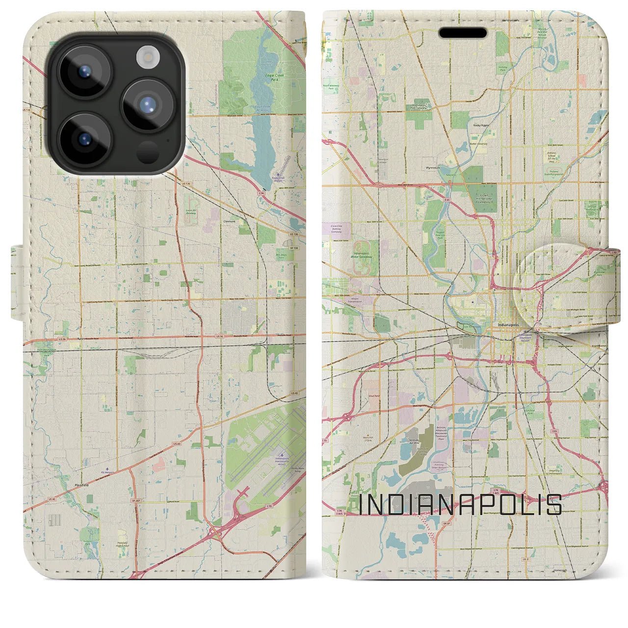 【インディアナポリス(アメリカ)】地図柄iPhoneケース(手帳タイプ)ナチュラル・iPhone 15 Pro Max 用