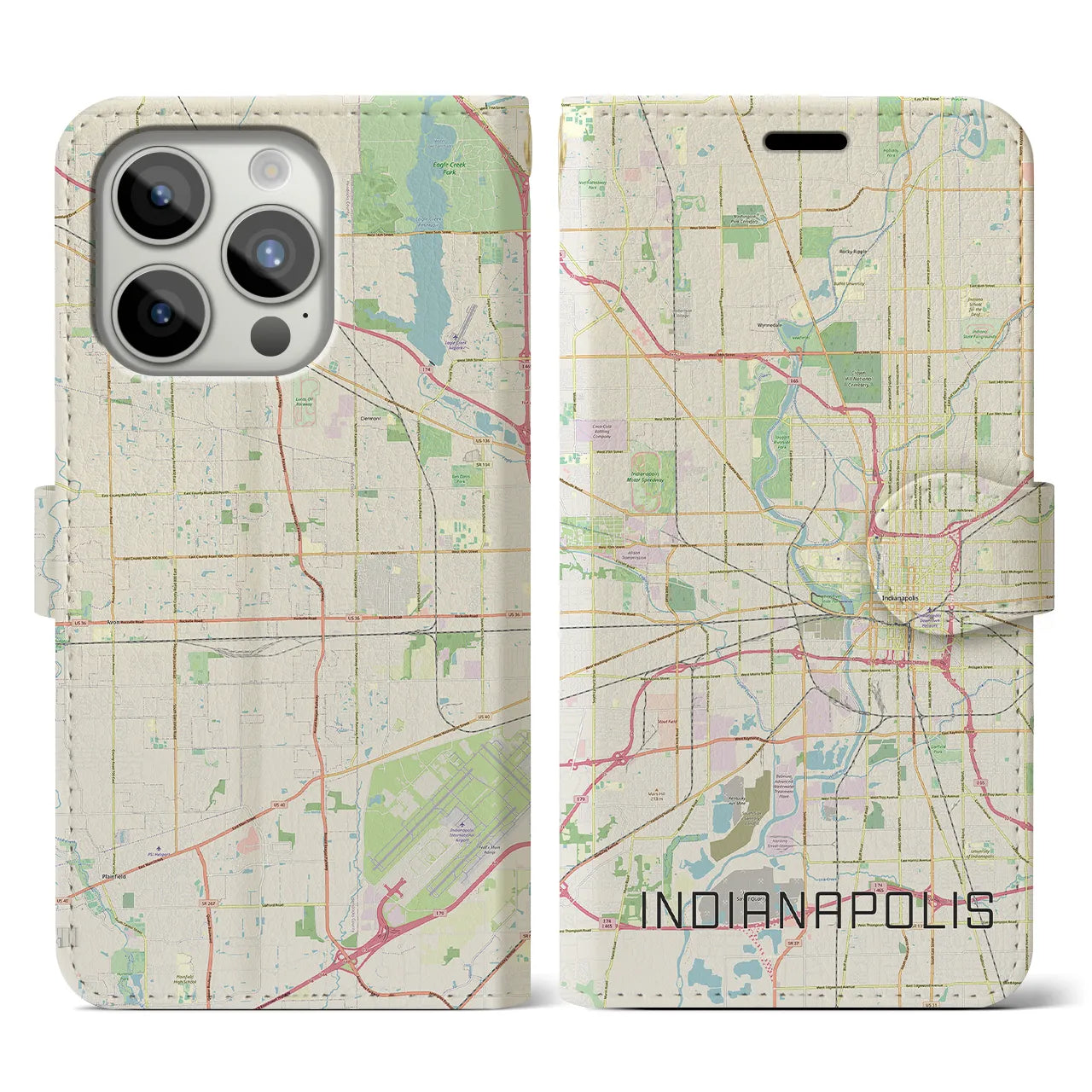 【インディアナポリス(アメリカ)】地図柄iPhoneケース(手帳タイプ)ナチュラル・iPhone 15 Pro 用