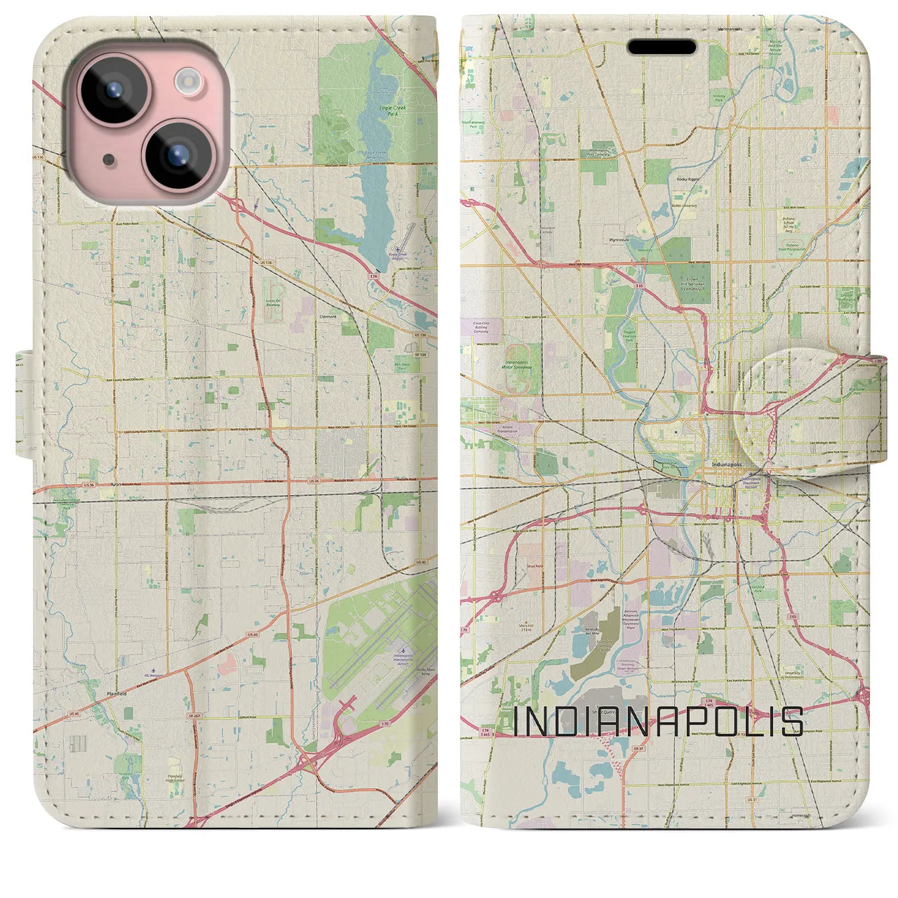 【インディアナポリス(アメリカ)】地図柄iPhoneケース(手帳タイプ)ナチュラル・iPhone 15 Plus 用
