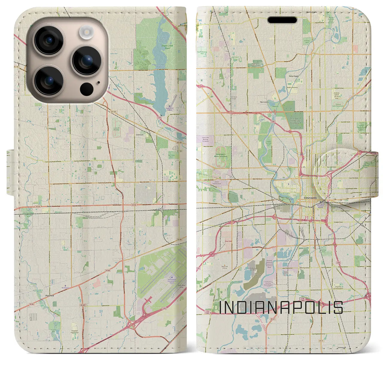 【インディアナポリス(アメリカ)】地図柄iPhoneケース(手帳タイプ)ナチュラル・iPhone 16 Plus 用
