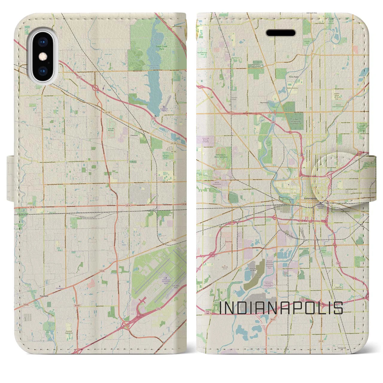 【インディアナポリス(アメリカ)】地図柄iPhoneケース(手帳タイプ)ナチュラル・iPhone XS Max 用
