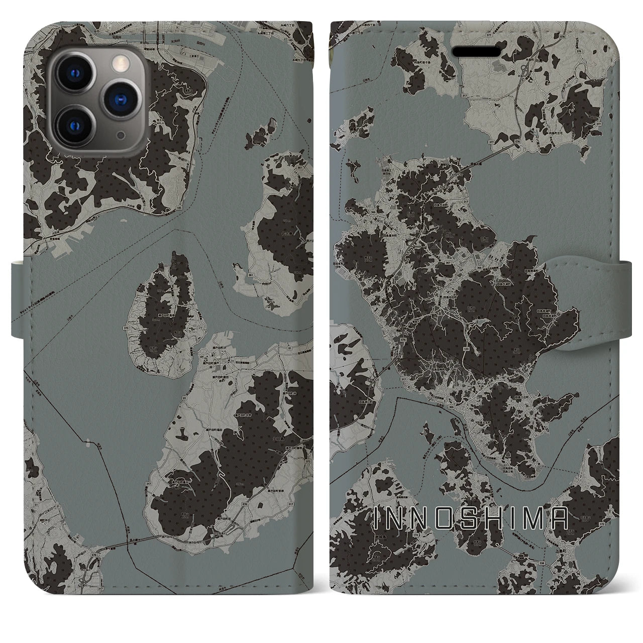 【因島(広島県)】地図柄iPhoneケース(手帳タイプ)モノトーン・iPhone 11 Pro Max 用