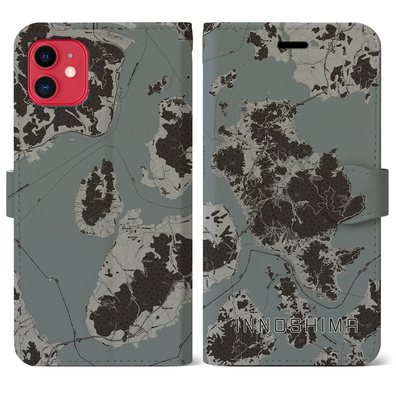 【因島(広島県)】地図柄iPhoneケース(手帳タイプ)モノトーン・iPhone 11 用