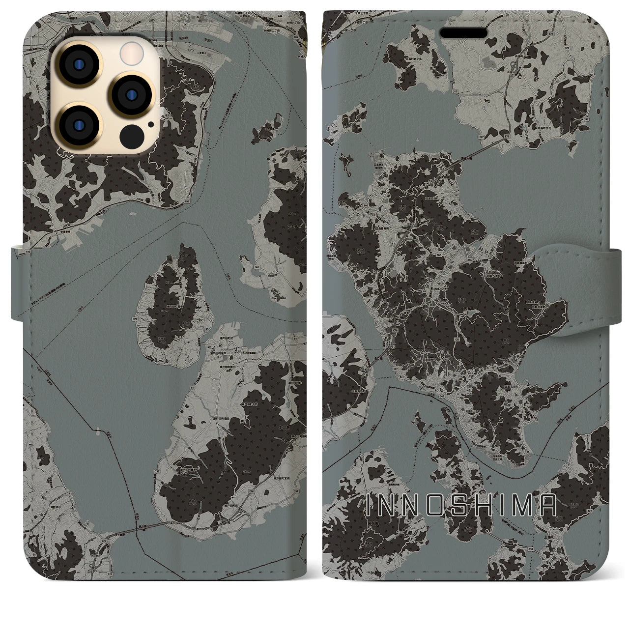 【因島(広島県)】地図柄iPhoneケース(手帳タイプ)モノトーン・iPhone 12 Pro Max 用