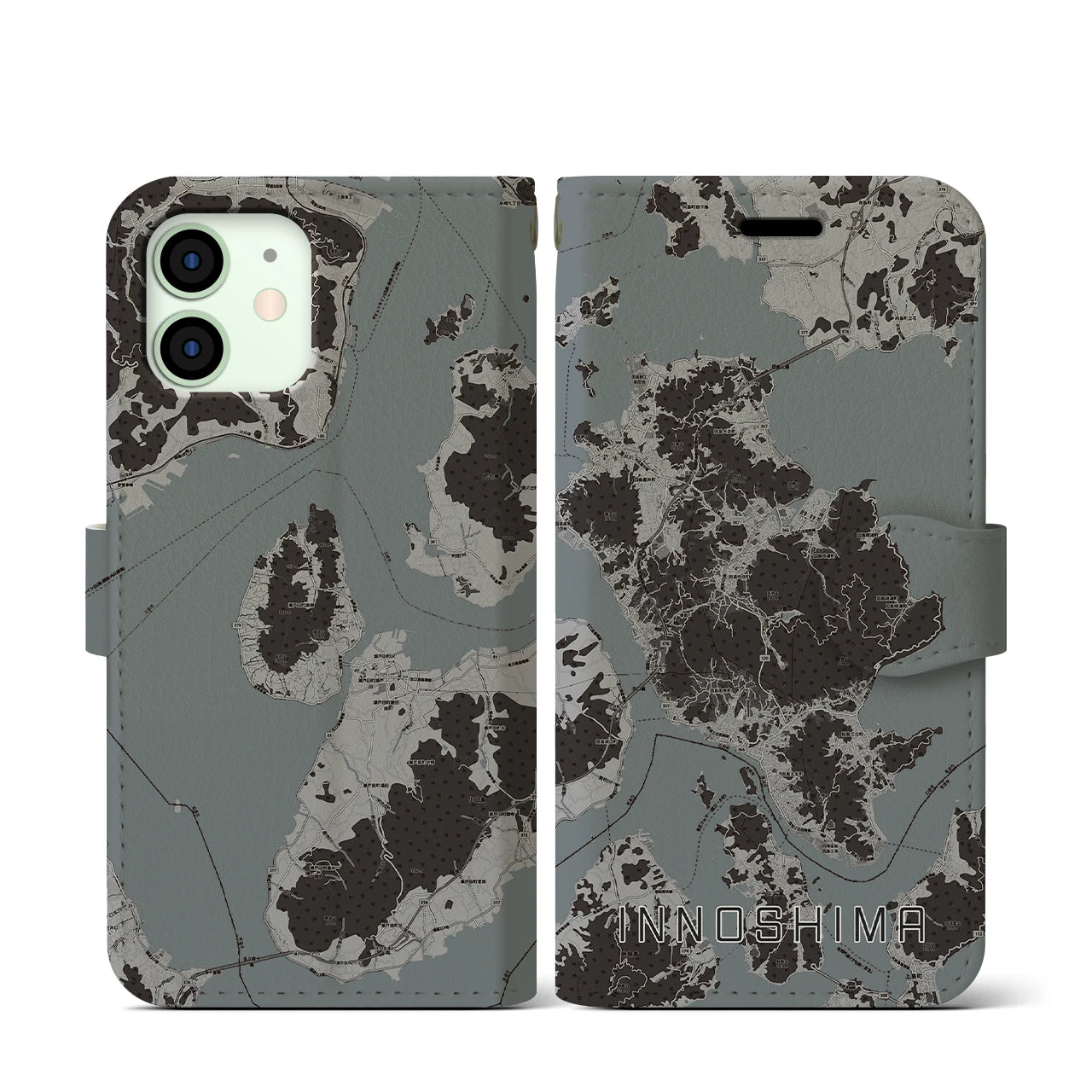 【因島(広島県)】地図柄iPhoneケース(手帳タイプ)モノトーン・iPhone 12 mini 用
