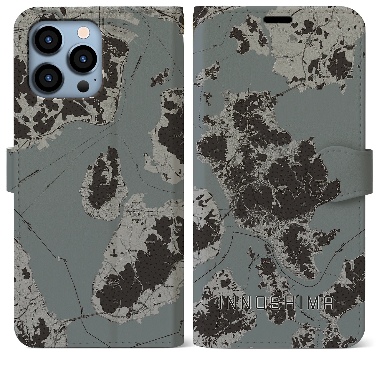 【因島(広島県)】地図柄iPhoneケース(手帳タイプ)モノトーン・iPhone 13 Pro Max 用
