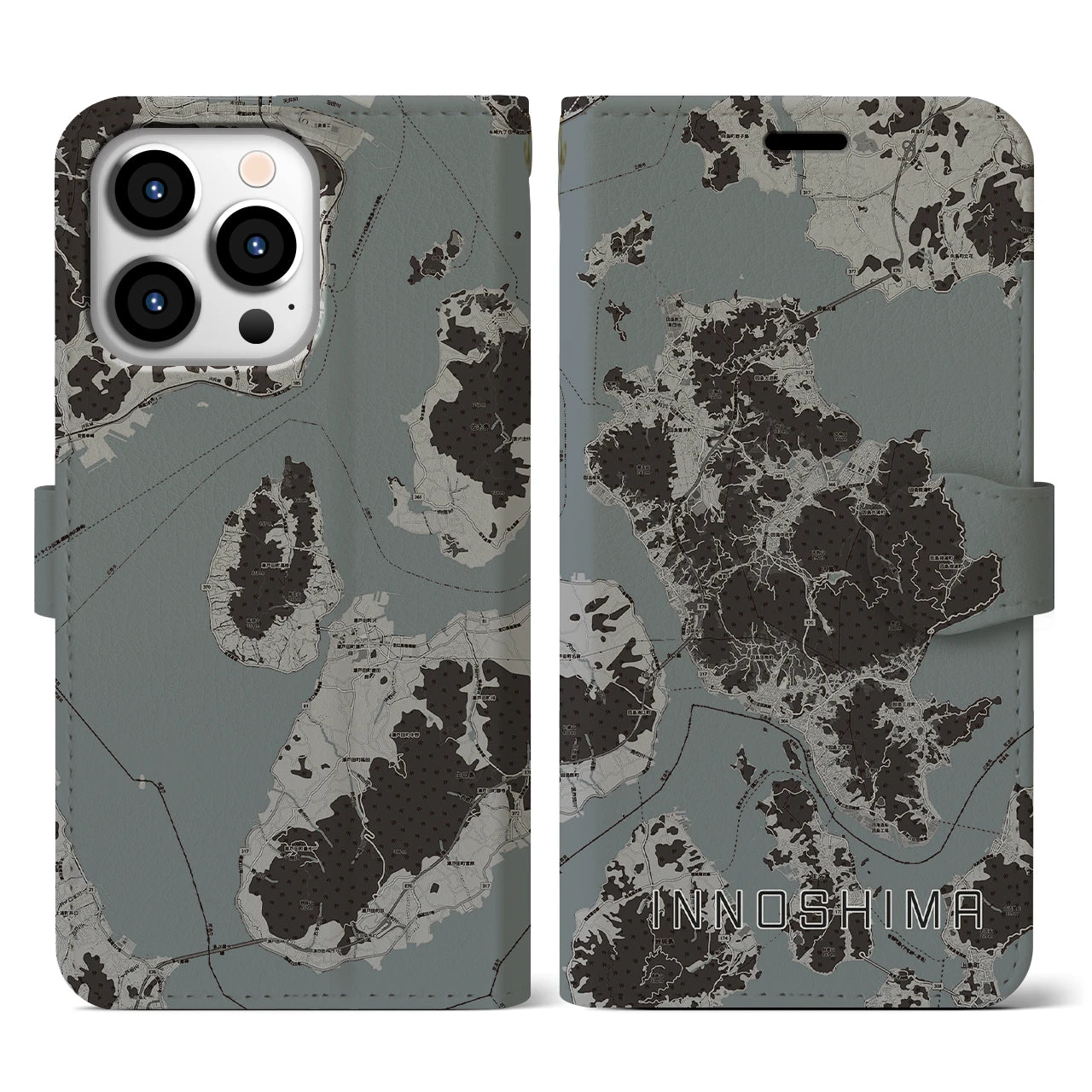 【因島(広島県)】地図柄iPhoneケース(手帳タイプ)モノトーン・iPhone 13 Pro 用
