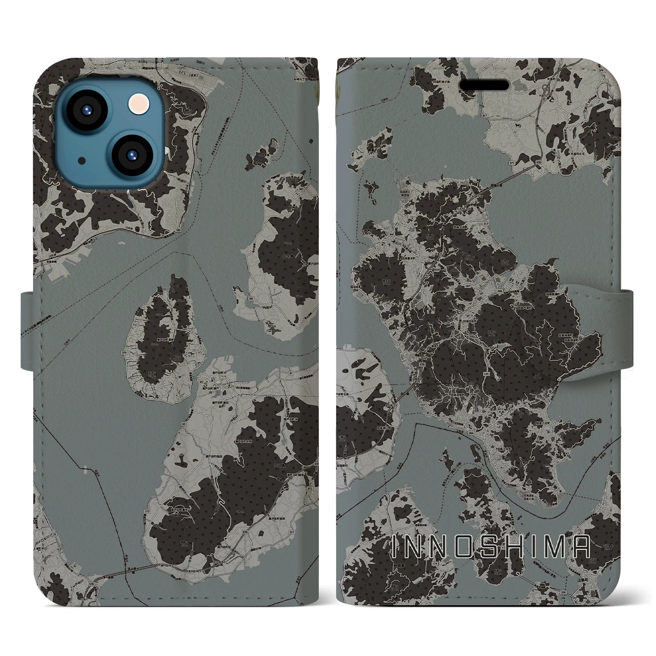 【因島(広島県)】地図柄iPhoneケース(手帳タイプ)モノトーン・iPhone 13 用