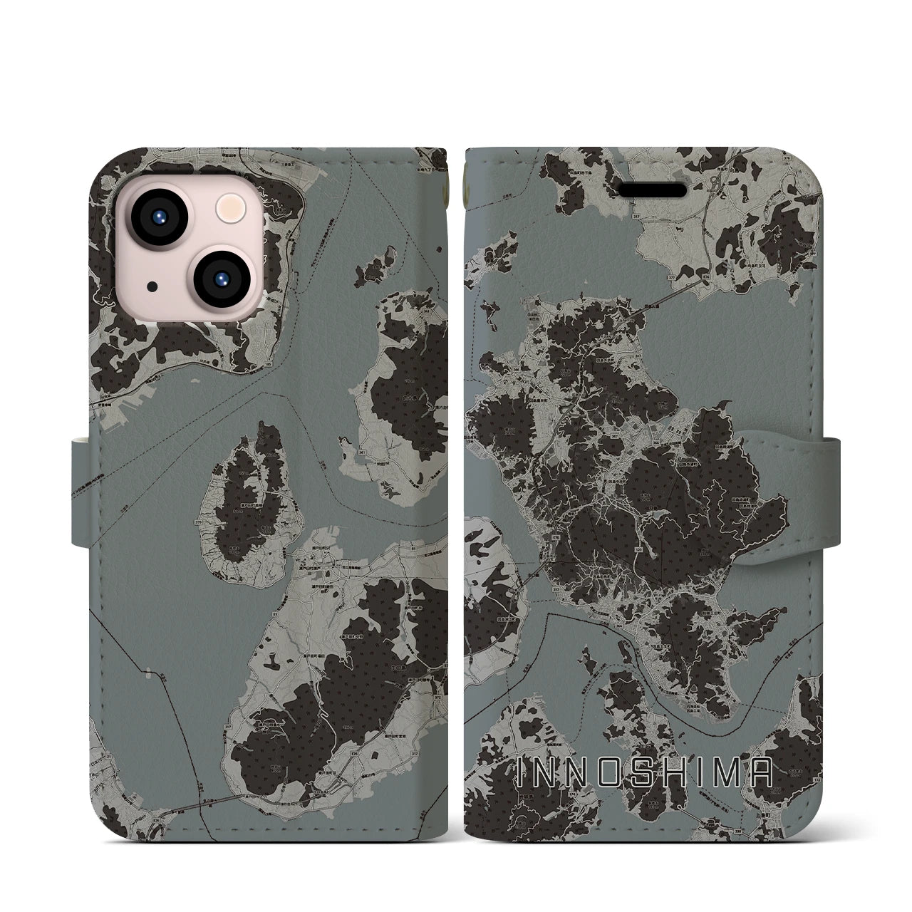 【因島(広島県)】地図柄iPhoneケース(手帳タイプ)モノトーン・iPhone 13 mini 用