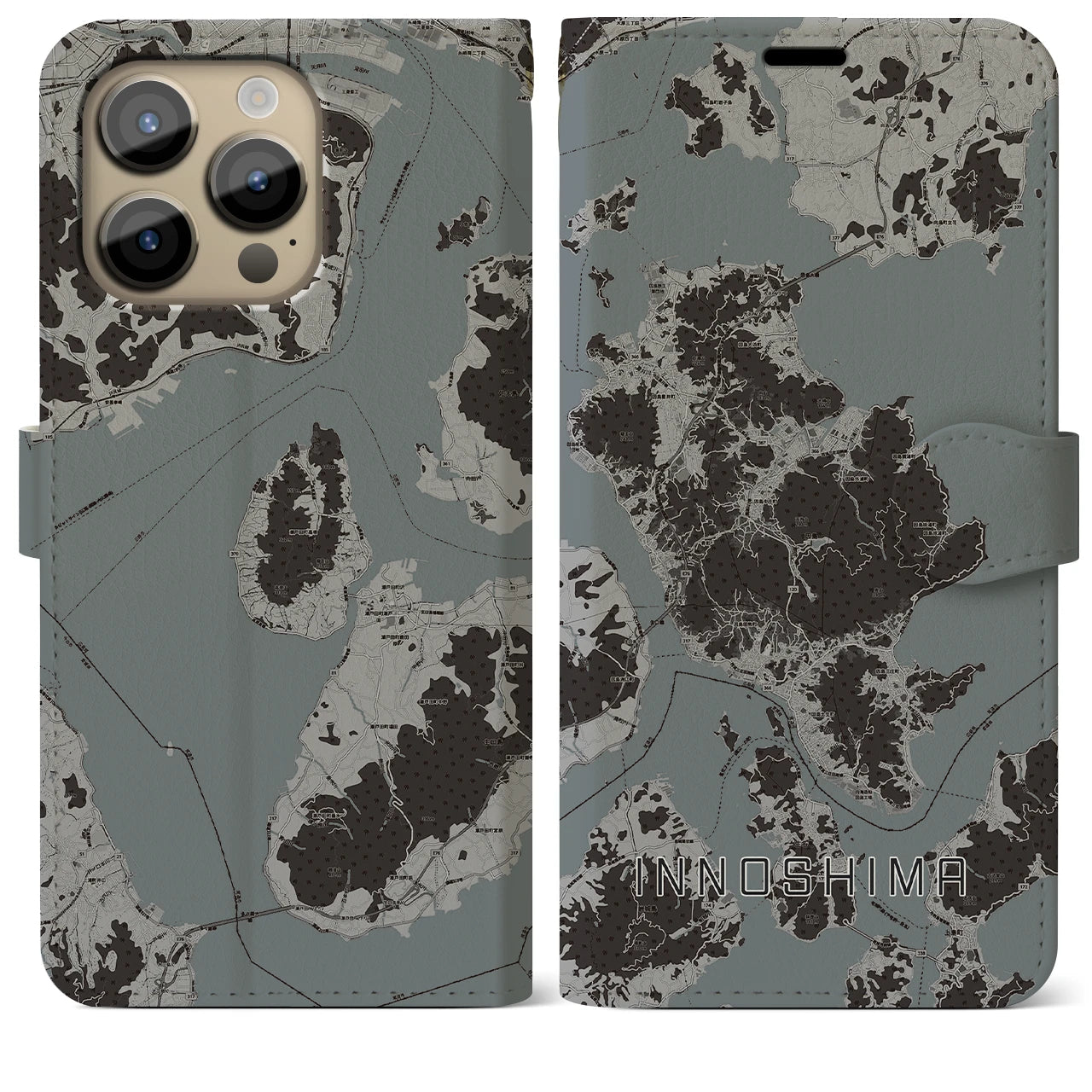 【因島(広島県)】地図柄iPhoneケース(手帳タイプ)モノトーン・iPhone 14 Pro Max 用