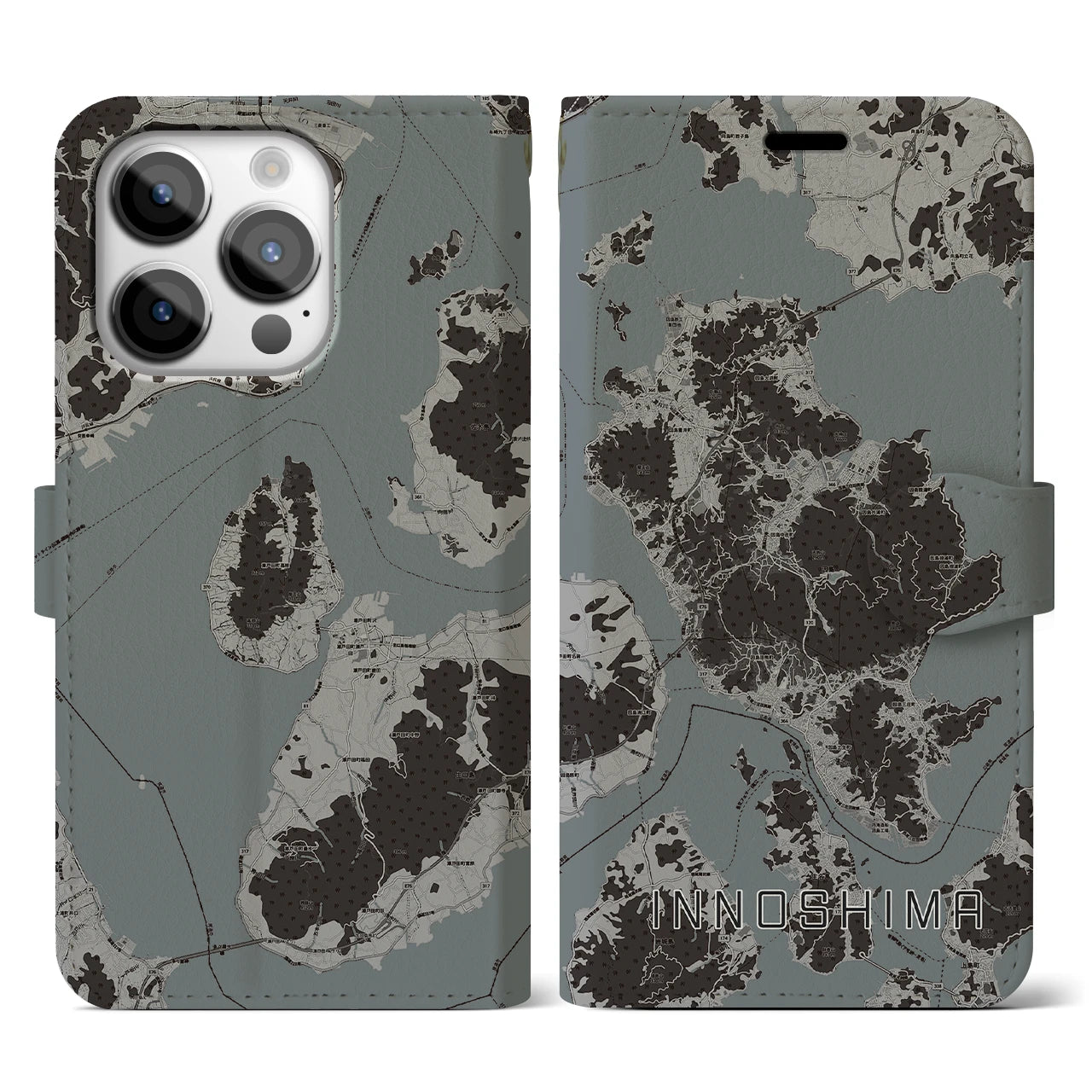 【因島(広島県)】地図柄iPhoneケース(手帳タイプ)モノトーン・iPhone 14 Pro 用