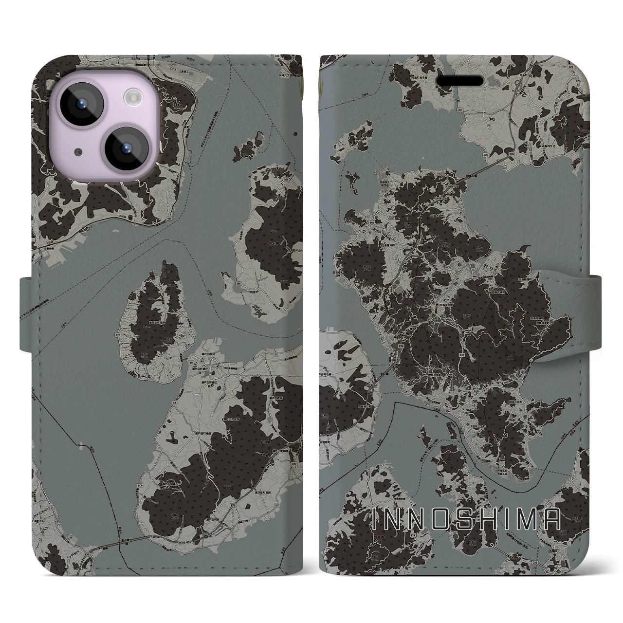 【因島(広島県)】地図柄iPhoneケース(手帳タイプ)モノトーン・iPhone 14 用
