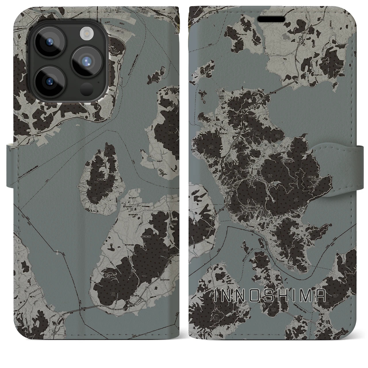 【因島(広島県)】地図柄iPhoneケース(手帳タイプ)モノトーン・iPhone 15 Pro Max 用