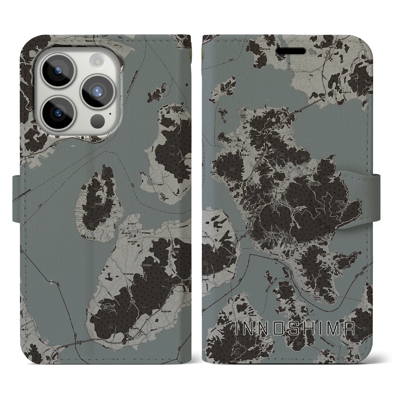 【因島(広島県)】地図柄iPhoneケース(手帳タイプ)モノトーン・iPhone 15 Pro 用