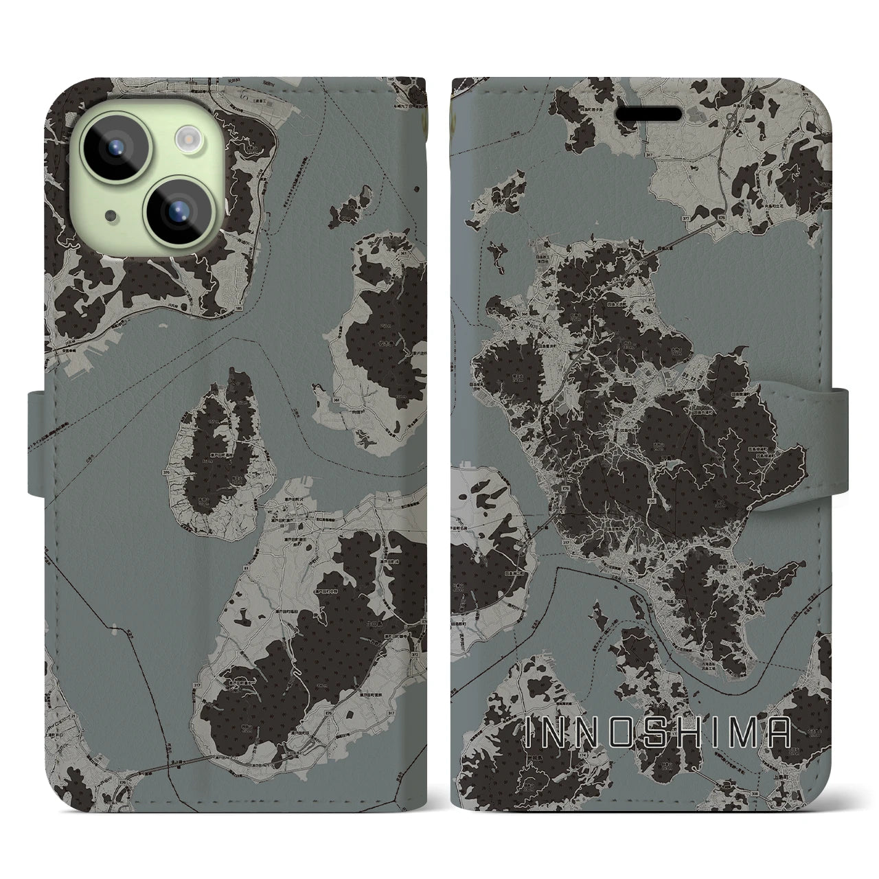 【因島(広島県)】地図柄iPhoneケース(手帳タイプ)モノトーン・iPhone 15 用