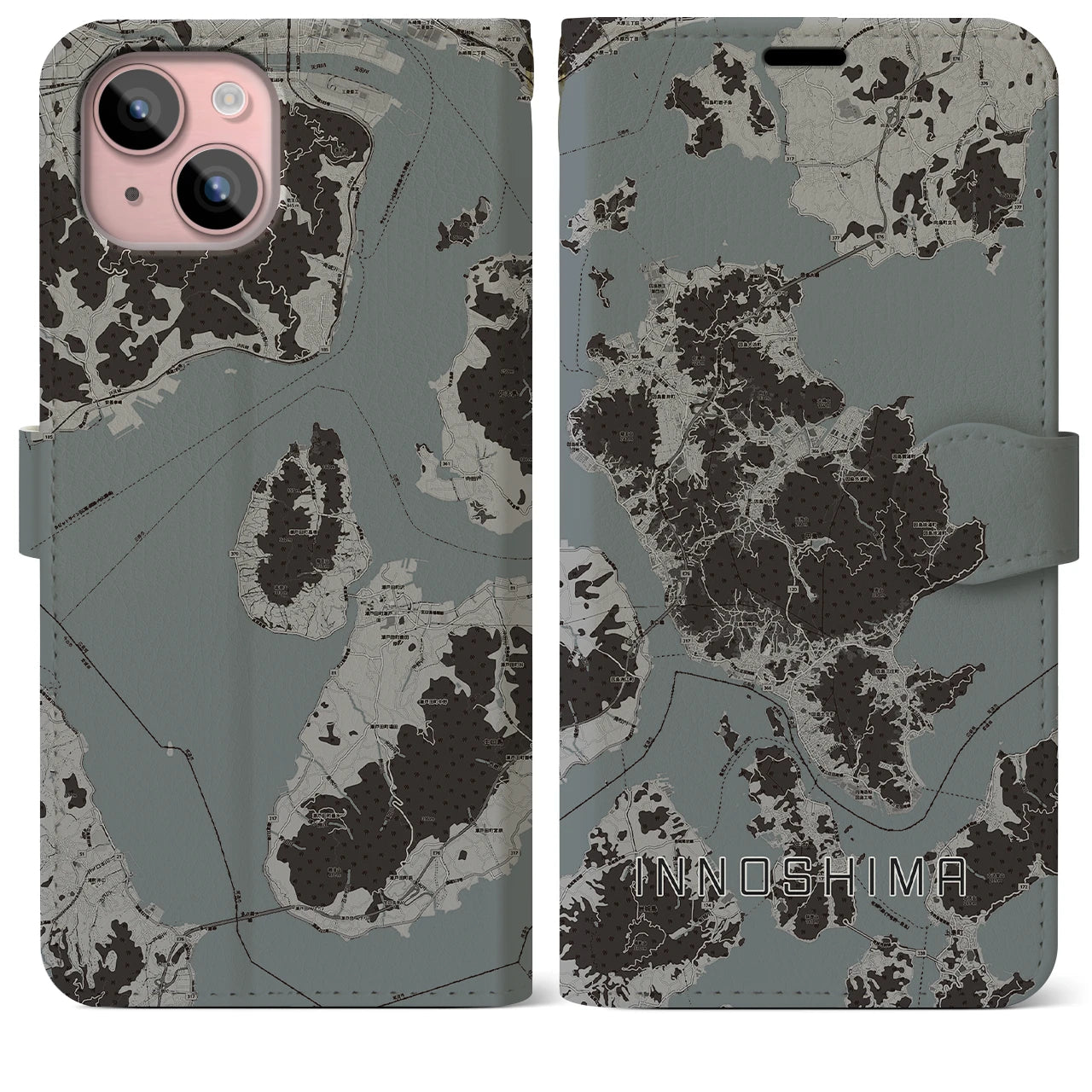 【因島(広島県)】地図柄iPhoneケース(手帳タイプ)モノトーン・iPhone 15 Plus 用
