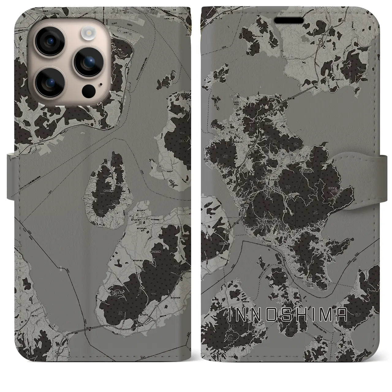 【因島(広島県)】地図柄iPhoneケース(手帳タイプ)モノトーン・iPhone 16 Plus 用