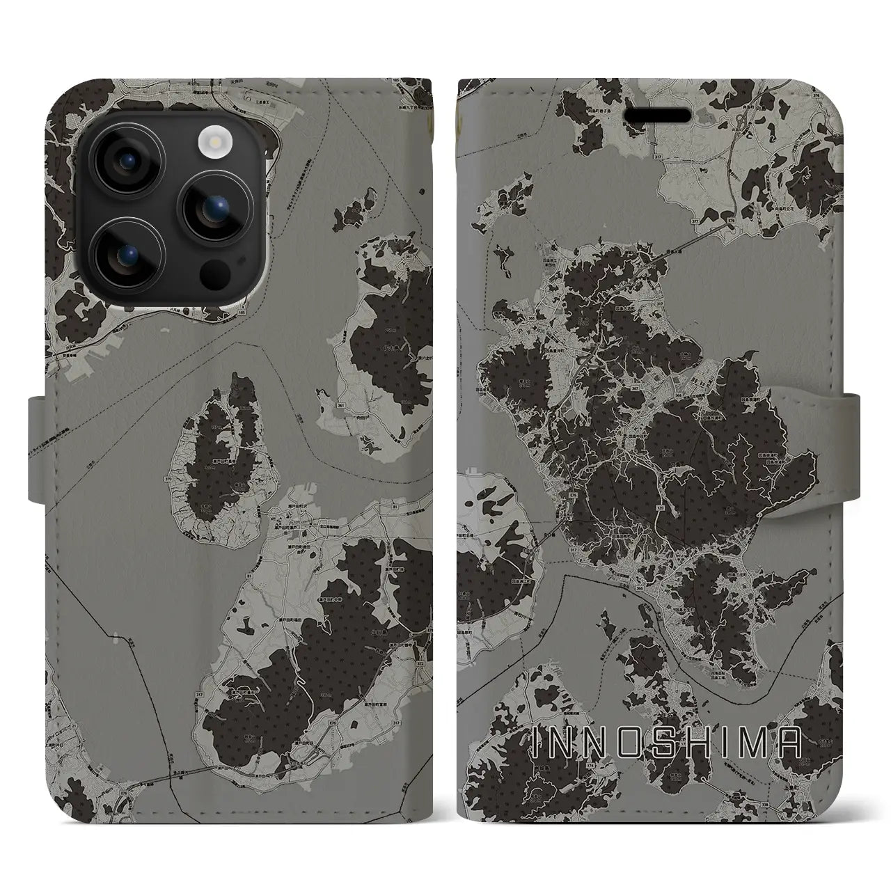 【因島(広島県)】地図柄iPhoneケース(手帳タイプ)モノトーン・iPhone 16 用
