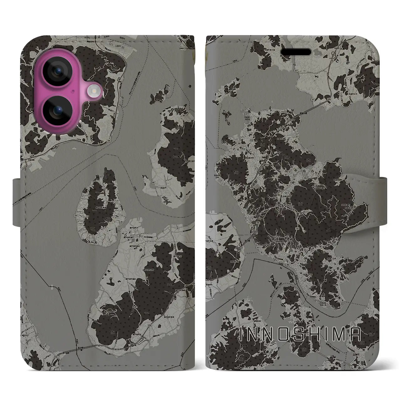 【因島(広島県)】地図柄iPhoneケース(手帳タイプ)モノトーン・iPhone 16 Pro 用