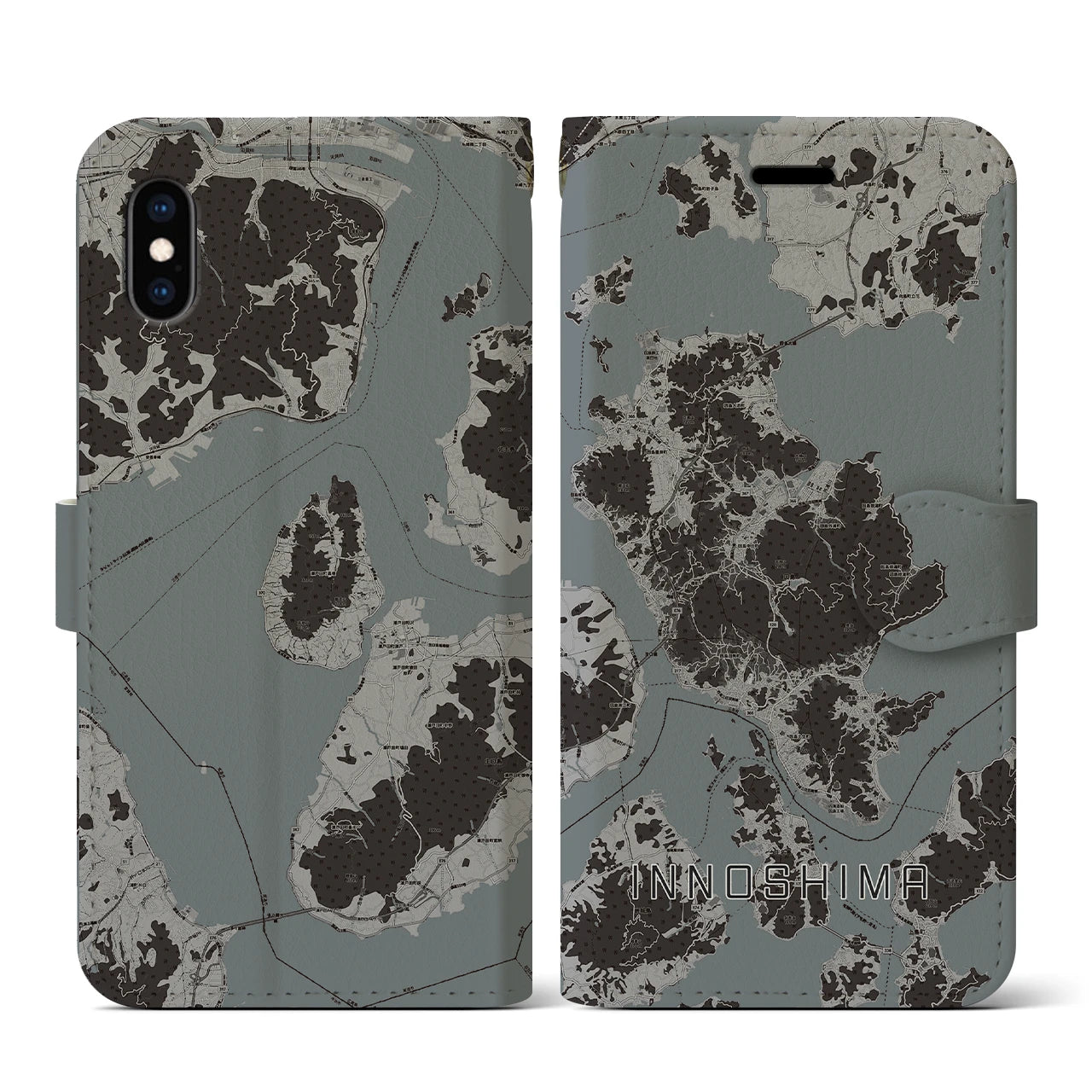 【因島(広島県)】地図柄iPhoneケース(手帳タイプ)モノトーン・iPhone XS / X 用
