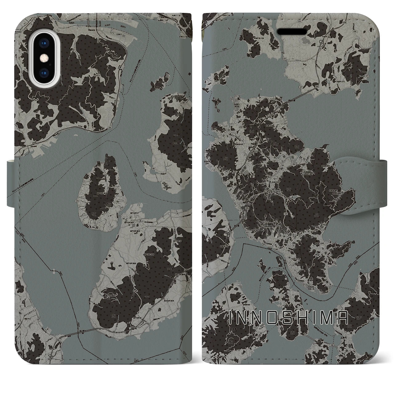 【因島(広島県)】地図柄iPhoneケース(手帳タイプ)モノトーン・iPhone XS Max 用