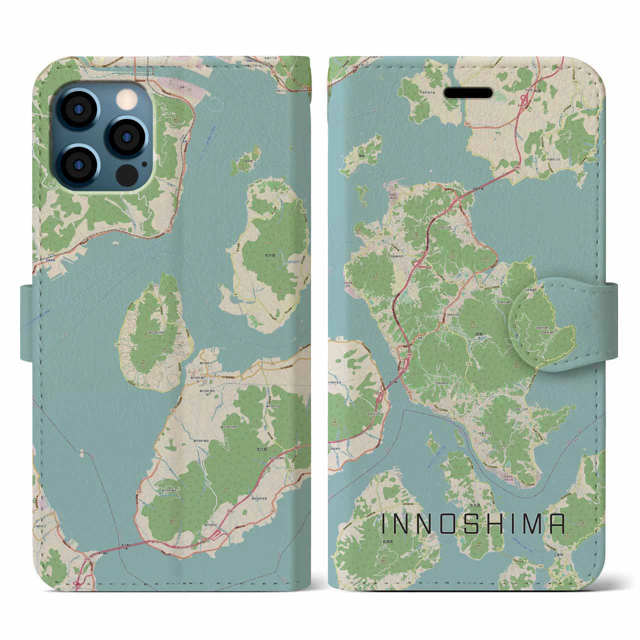 【因島(広島県)】地図柄iPhoneケース(手帳タイプ)ナチュラル・iPhone 12 / 12 Pro 用