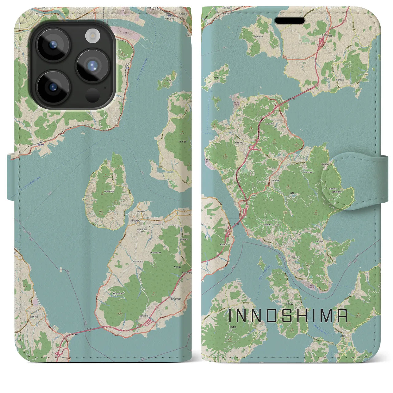 【因島(広島県)】地図柄iPhoneケース(手帳タイプ)ナチュラル・iPhone 15 Pro Max 用