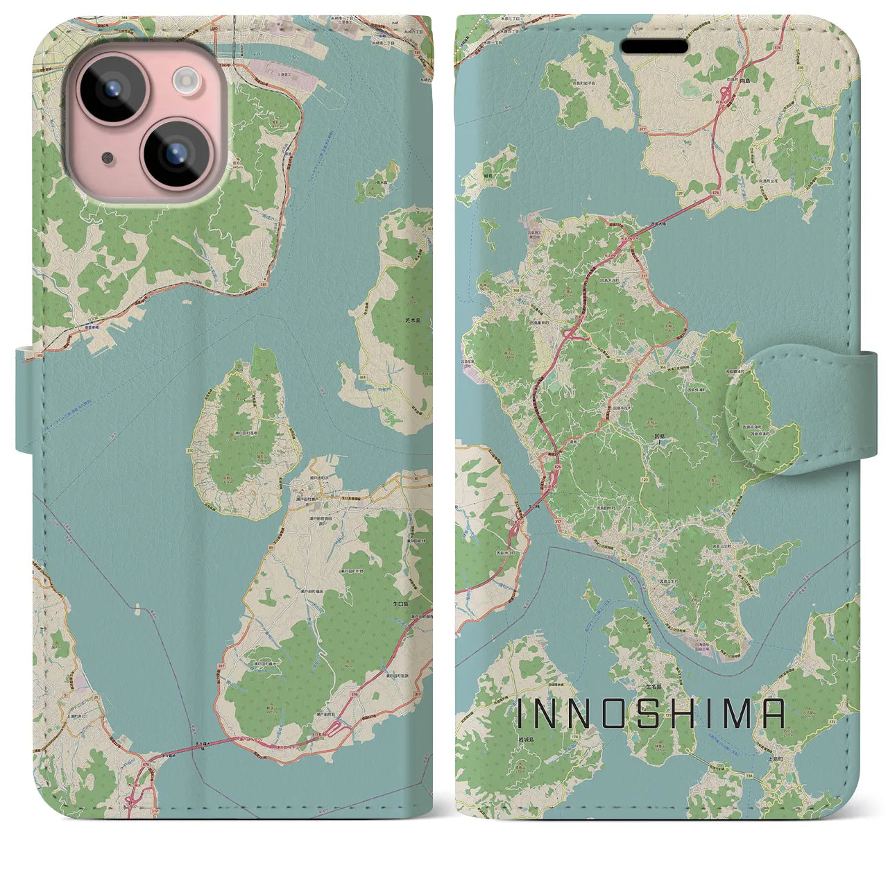 【因島(広島県)】地図柄iPhoneケース(手帳タイプ)ナチュラル・iPhone 15 Plus 用