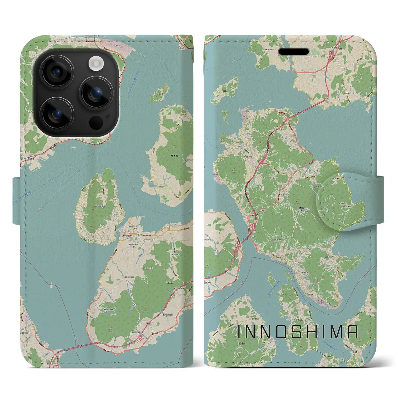 【因島(広島県)】地図柄iPhoneケース(手帳タイプ)ナチュラル・iPhone 16 用