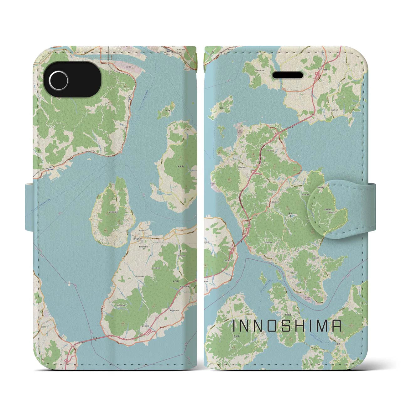 【因島(広島県)】地図柄iPhoneケース(手帳タイプ)ナチュラル・iPhone SE(第3 / 第2世代) / 8 / 7 / 6s / 6 用