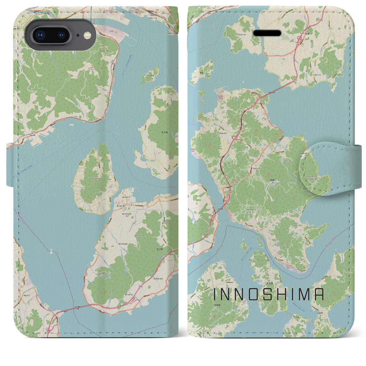【因島(広島県)】地図柄iPhoneケース(手帳タイプ)ナチュラル・iPhone 8Plus /7Plus / 6sPlus / 6Plus 用