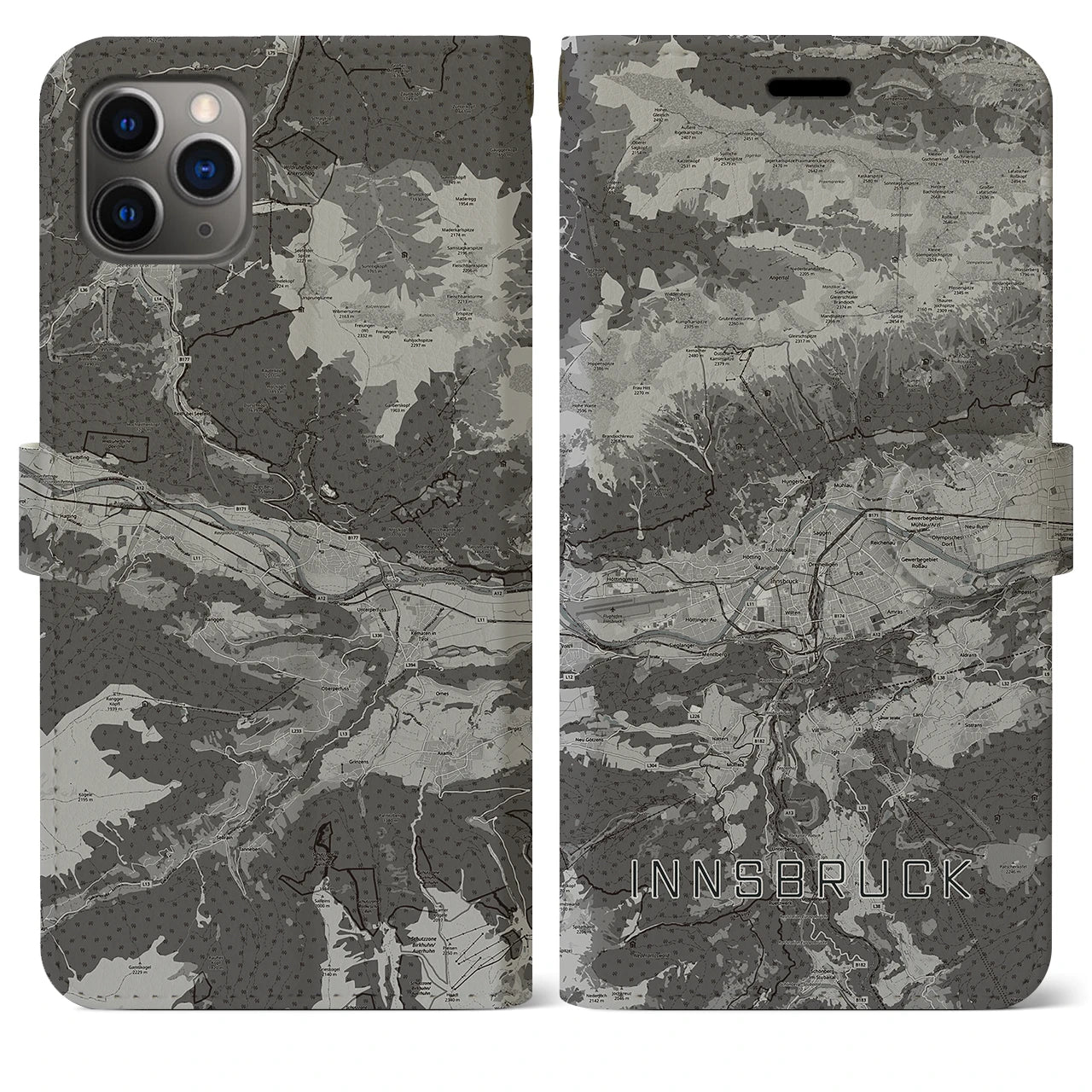 【インスブルック(オーストリア)】地図柄iPhoneケース(手帳タイプ)モノトーン・iPhone 11 Pro Max 用