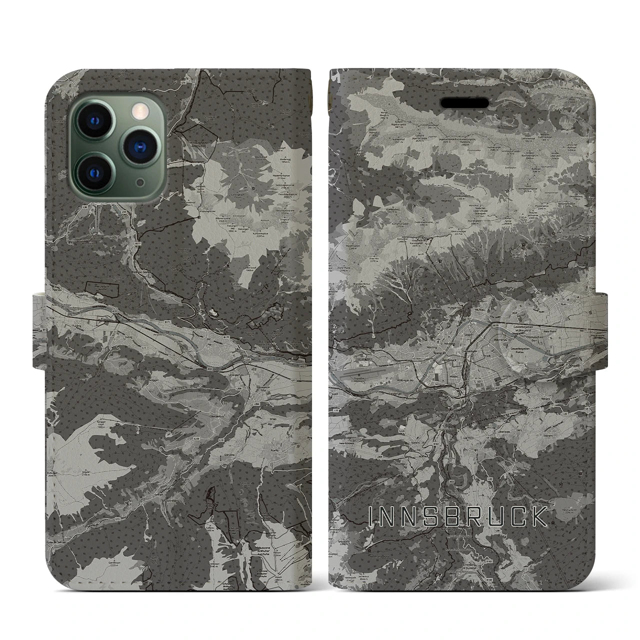 【インスブルック(オーストリア)】地図柄iPhoneケース(手帳タイプ)モノトーン・iPhone 11 Pro 用