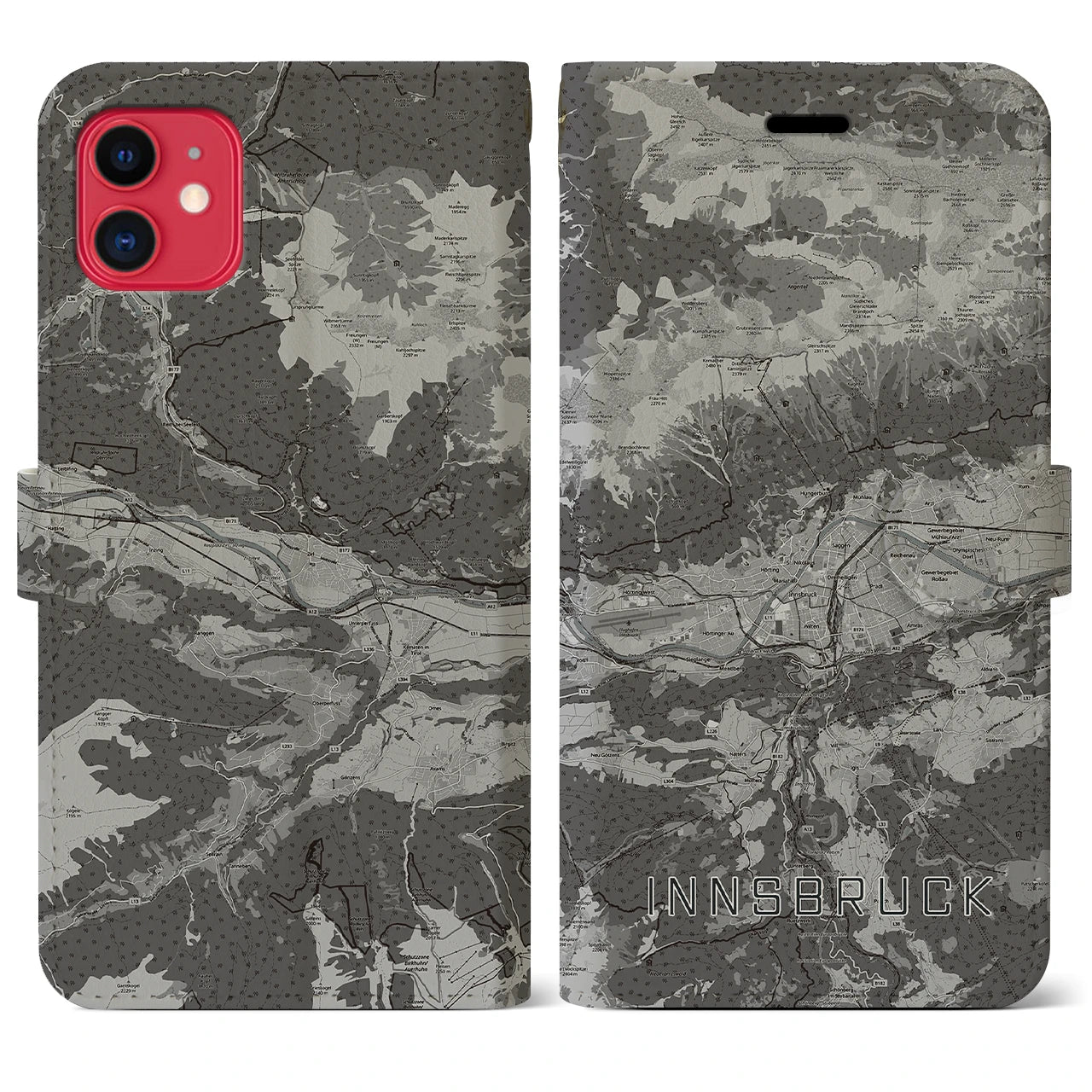 【インスブルック(オーストリア)】地図柄iPhoneケース(手帳タイプ)モノトーン・iPhone 11 用