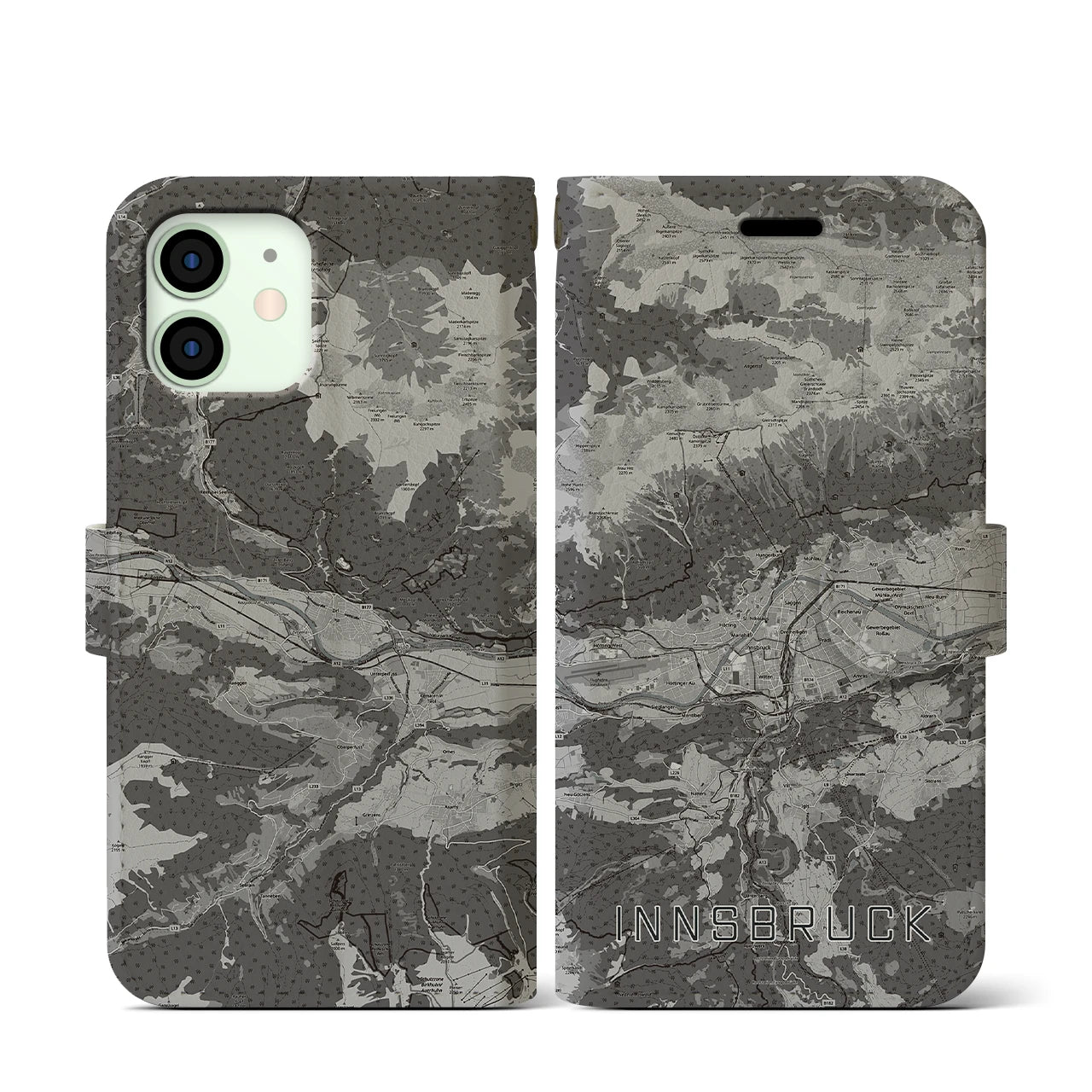 【インスブルック(オーストリア)】地図柄iPhoneケース(手帳タイプ)モノトーン・iPhone 12 mini 用