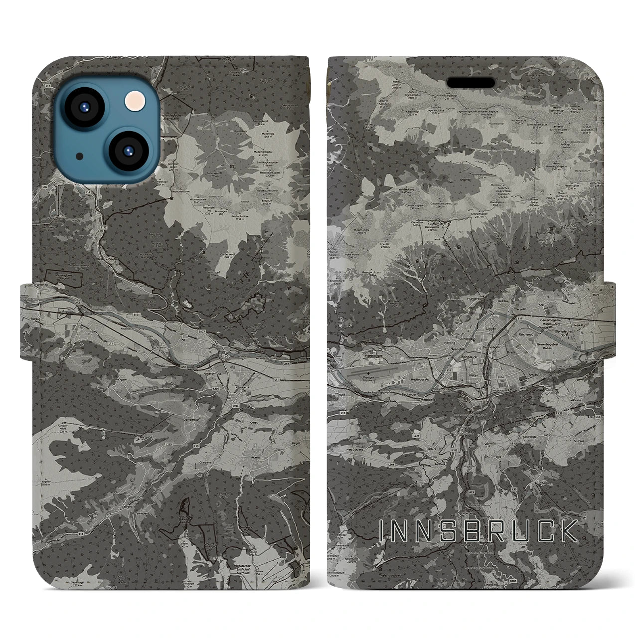 【インスブルック(オーストリア)】地図柄iPhoneケース(手帳タイプ)モノトーン・iPhone 13 用