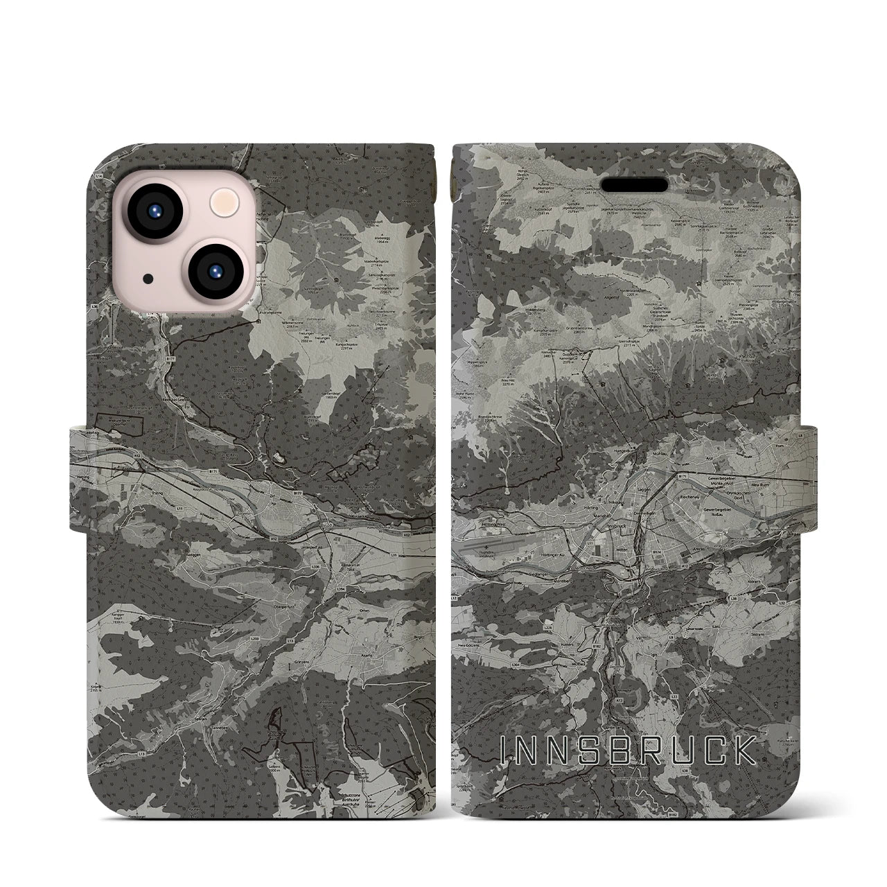 【インスブルック(オーストリア)】地図柄iPhoneケース(手帳タイプ)モノトーン・iPhone 13 mini 用