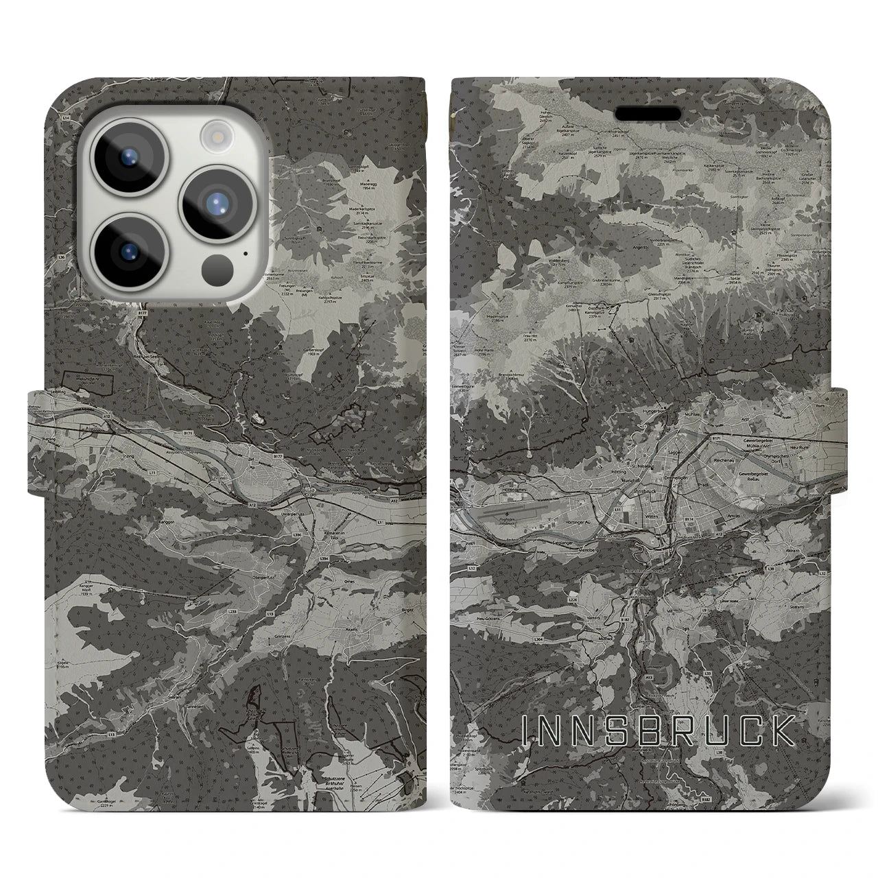【インスブルック(オーストリア)】地図柄iPhoneケース(手帳タイプ)モノトーン・iPhone 15 Pro 用