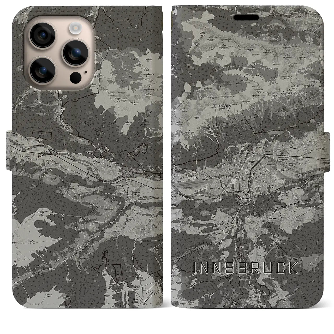 【インスブルック(オーストリア)】地図柄iPhoneケース(手帳タイプ)モノトーン・iPhone 16 Plus 用