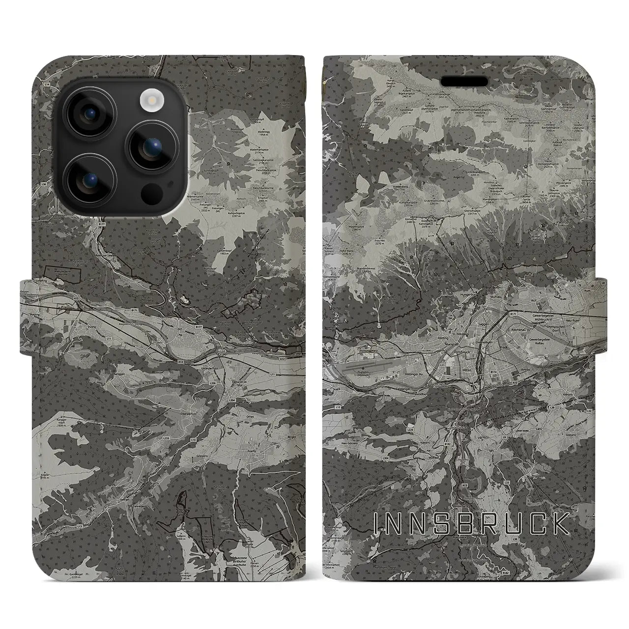 【インスブルック(オーストリア)】地図柄iPhoneケース(手帳タイプ)モノトーン・iPhone 16 用