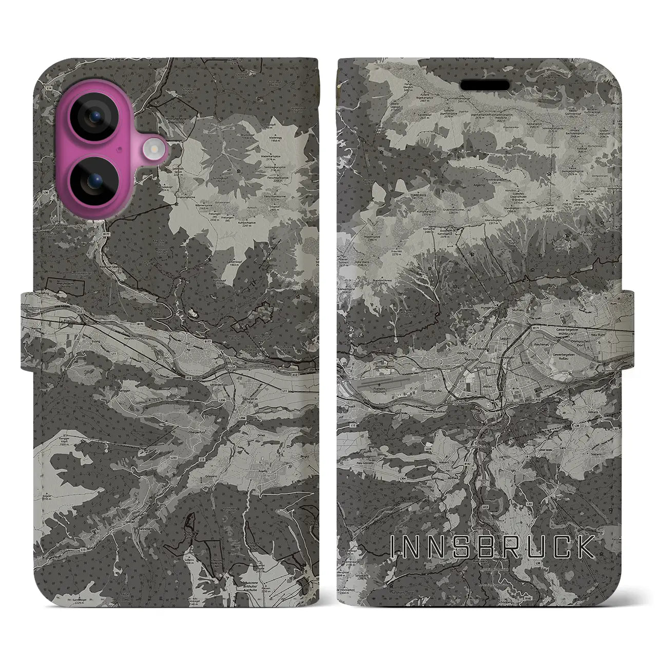 【インスブルック(オーストリア)】地図柄iPhoneケース(手帳タイプ)モノトーン・iPhone 16 Pro 用