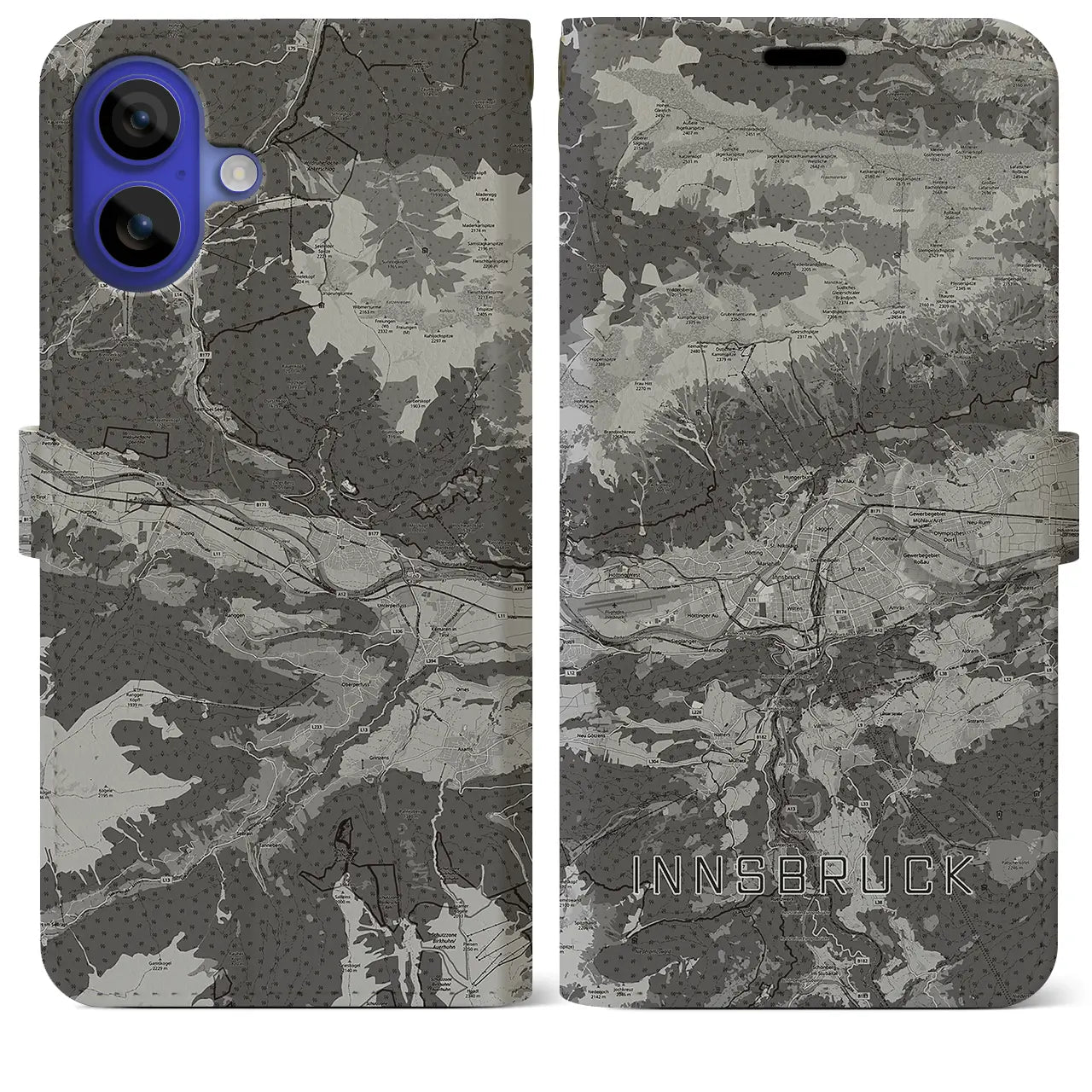【インスブルック(オーストリア)】地図柄iPhoneケース(手帳タイプ)モノトーン・iPhone 16 Pro Max 用