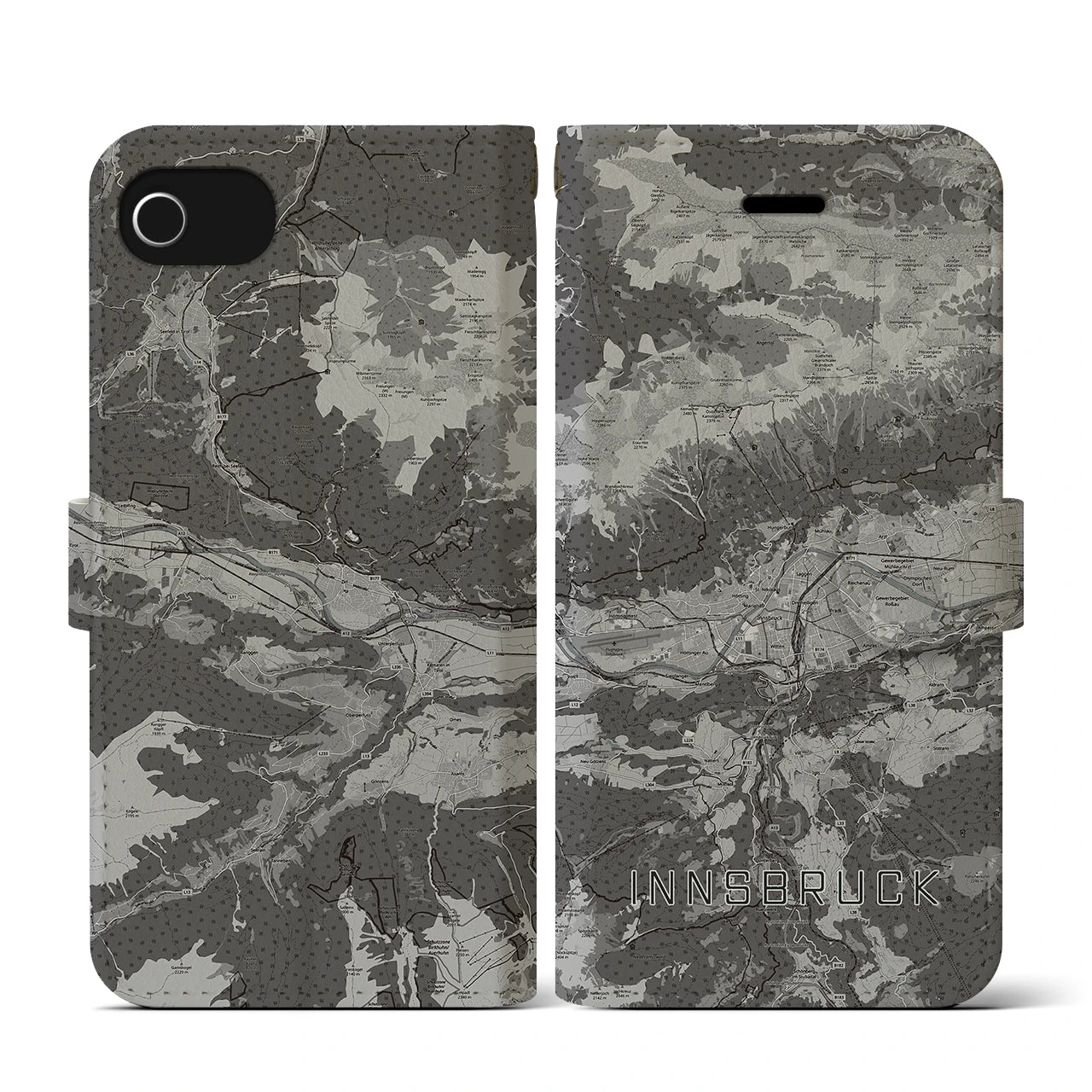 【インスブルック(オーストリア)】地図柄iPhoneケース(手帳タイプ)モノトーン・iPhone SE(第3 / 第2世代) / 8 / 7 / 6s / 6 用
