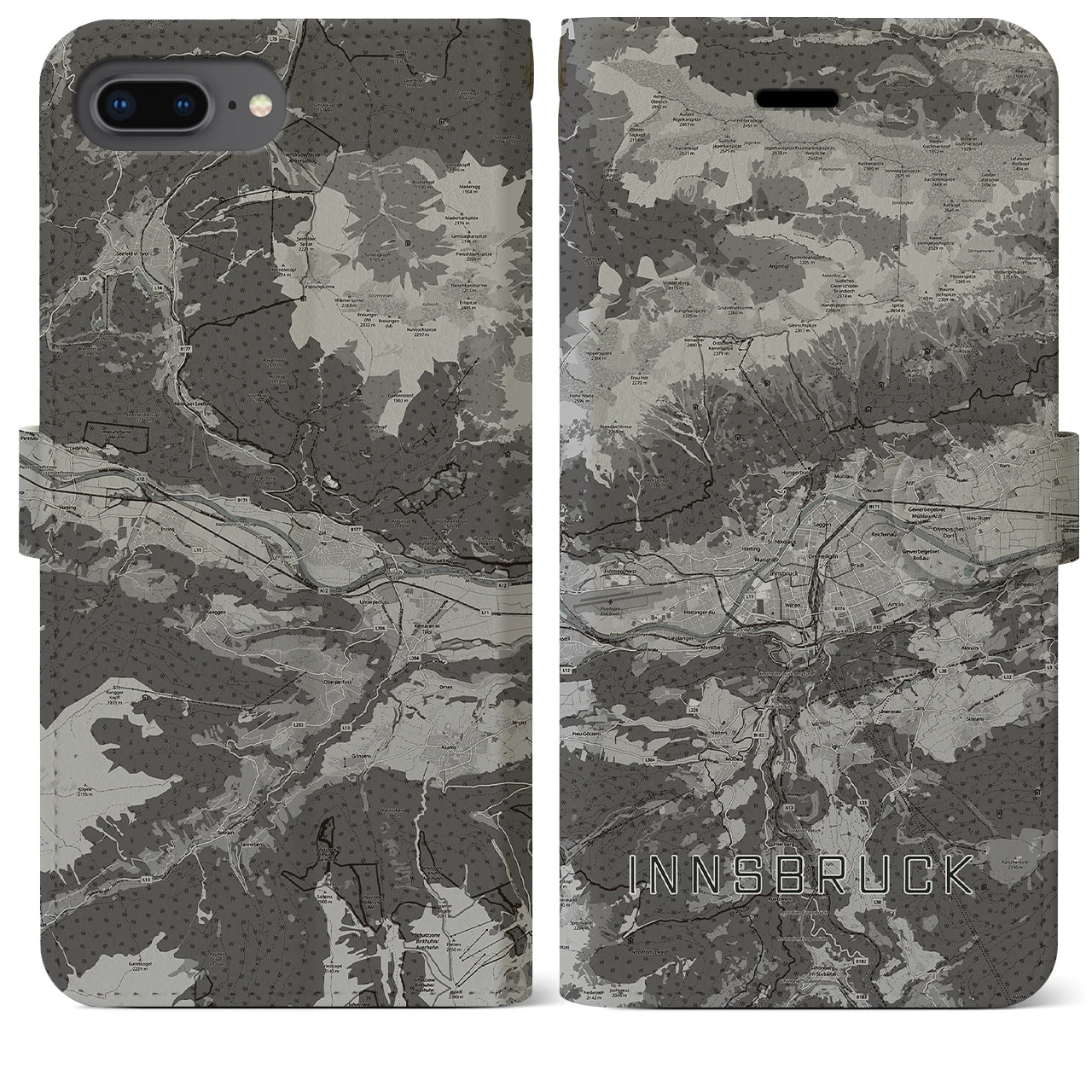 【インスブルック(オーストリア)】地図柄iPhoneケース(手帳タイプ)モノトーン・iPhone 8Plus /7Plus / 6sPlus / 6Plus 用