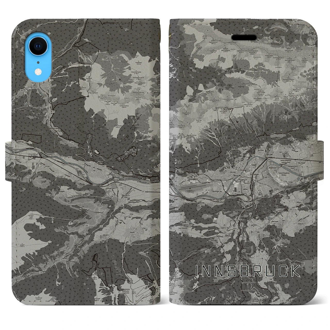 【インスブルック(オーストリア)】地図柄iPhoneケース(手帳タイプ)モノトーン・iPhone XR 用