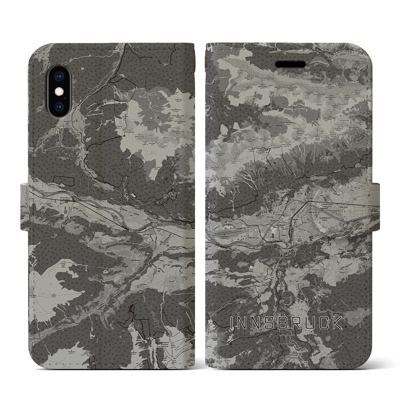【インスブルック(オーストリア)】地図柄iPhoneケース(手帳タイプ)モノトーン・iPhone XS / X 用