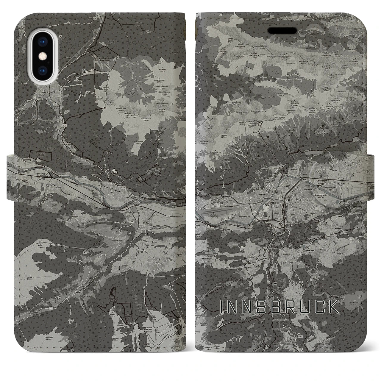 【インスブルック(オーストリア)】地図柄iPhoneケース(手帳タイプ)モノトーン・iPhone XS Max 用