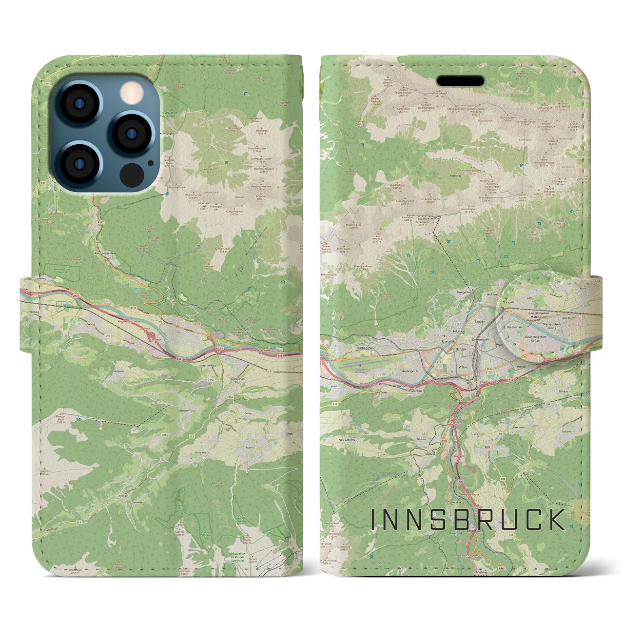 【インスブルック(オーストリア)】地図柄iPhoneケース(手帳タイプ)ナチュラル・iPhone 12 / 12 Pro 用