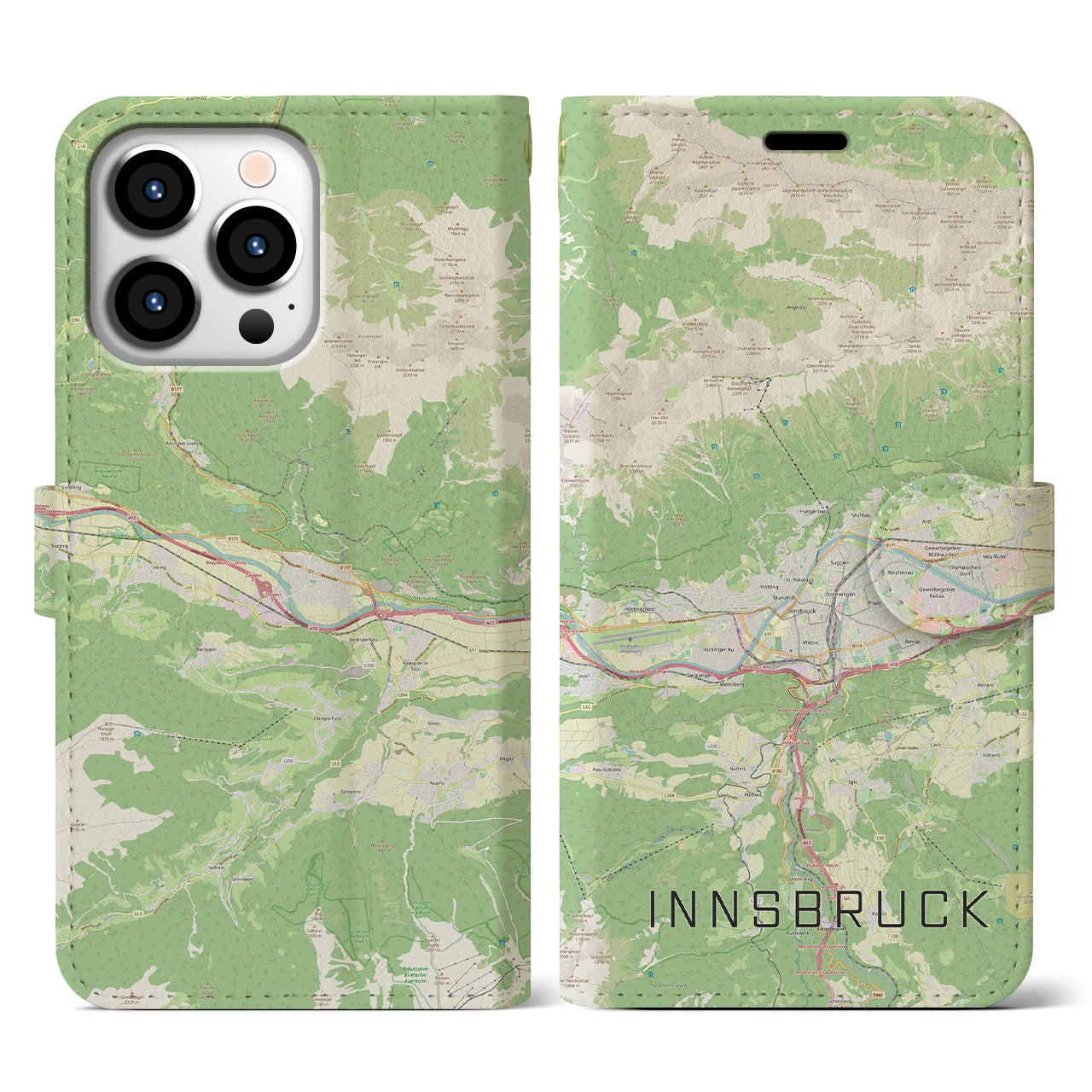 【インスブルック(オーストリア)】地図柄iPhoneケース(手帳タイプ)ナチュラル・iPhone 13 Pro 用